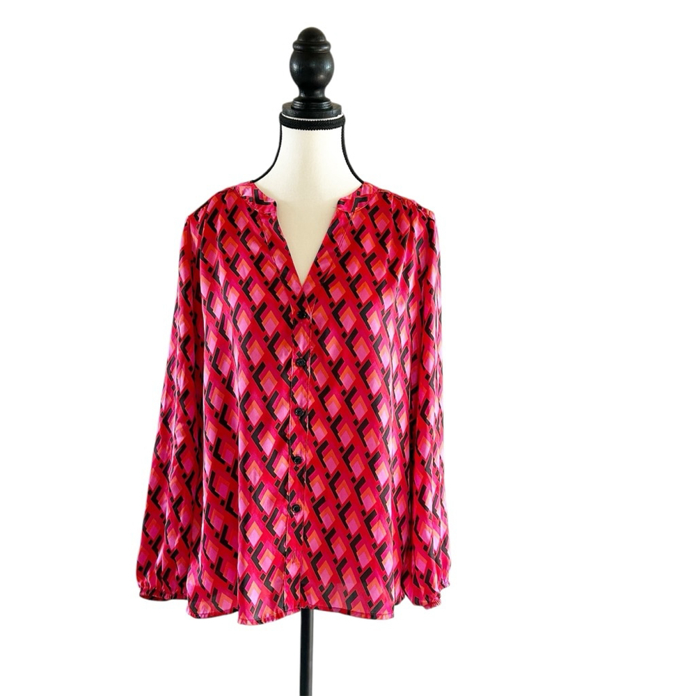 Women's Cleo Petites Blouse Size M Red Black Geometric Print Playful Prints